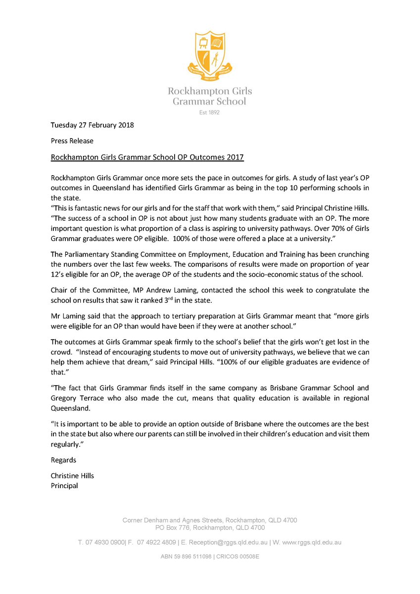 RGirlsGrammar's tweet photo. The Parliamentary Standing Committee on Employment, Education and Training has been crunching the numbers over the last few weeks. 
Chair of the Committee, MP Andrew Laming, contacted the Principal yesterday to congratulate us on results that saw us ranked THIRD in the state! https://t.co/rE4t4ii0iq