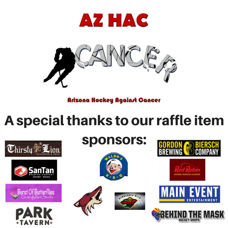 AZHAC2's tweet photo. Thanks to all of these fine establishments for donating to our raffle! Come see what we've got Saturday! #hockey #AZICEGilbert #CancerAwareness https://t.co/l5TU0PYz7V