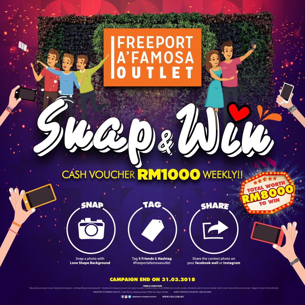 FreeportAFamosa's tweet photo. We are giving away weekly cash voucher of RM1,000! Join our Snap &amp; Win contest and and the cash voucher could be yours!

Head on to our Facebook or Instagram page for more details! https://t.co/5fgkSHhDna