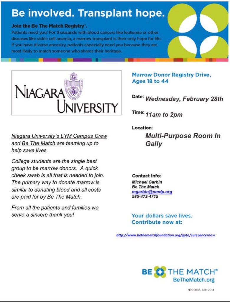 👩‍⚕️Chance to save a life👨‍⚕️
The NU <a href="/LYM_NiagaraCrew/">LYM Niagara Crew</a> is hosting a Be The Match Bone Marrow Registry Drive tomorrow in Gally from 1️⃣1️⃣am-2️⃣pm!
Just take a quick swab test to see if you are a match to someone in dire need of bone marrow! 
💜Save a life💜