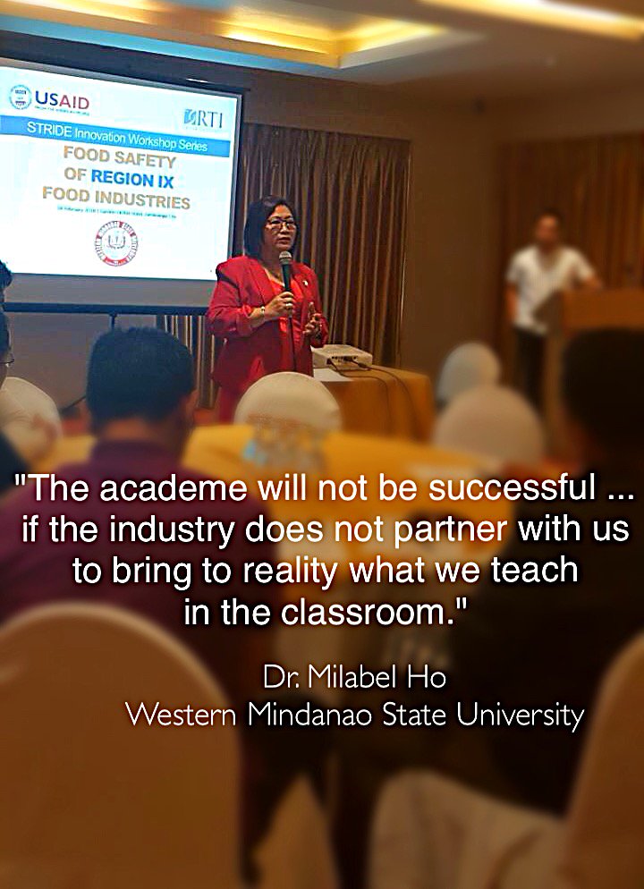 STRIDE_Program's tweet photo. HappeningNow: Innovation Workshop on Food Safety Region IX Food Industries. SUC Pres. Milabel Ho @wmsupao, on why universities need to #Collaborate2Innovate. More discussions today! #STRIDEworks https://t.co/jgz4AkhT3W