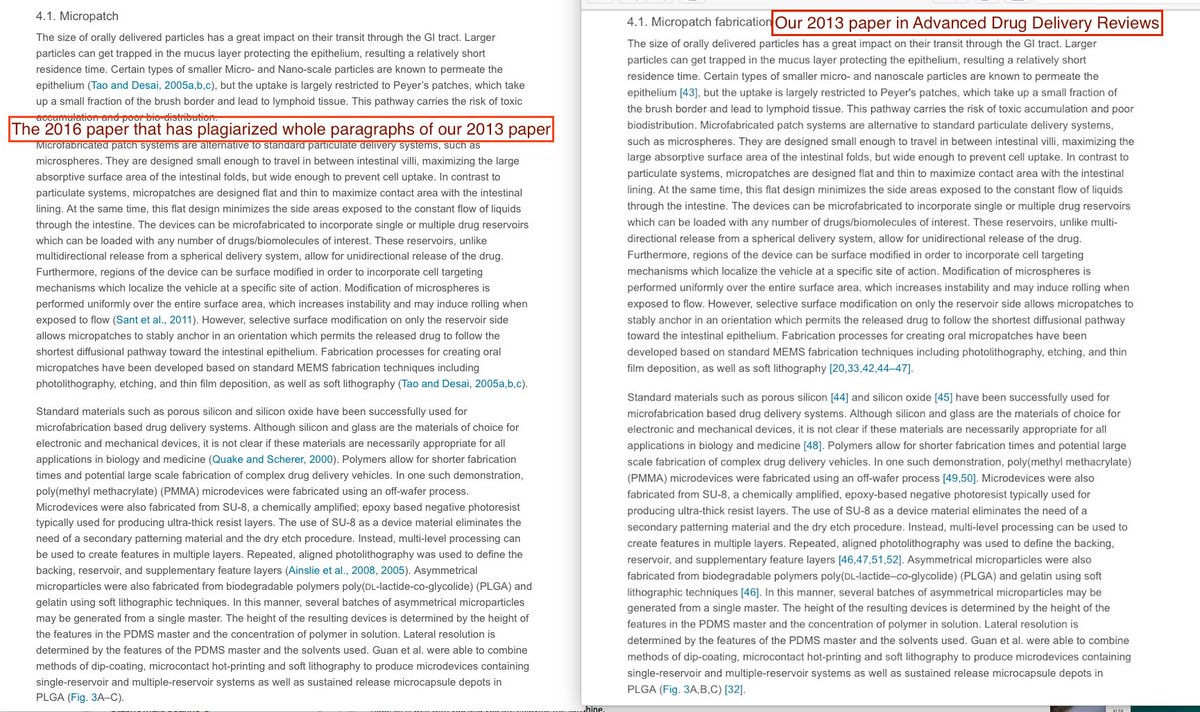 NPeppas's tweet photo. GROSS CASE OF PLAGIARISM. What do you do when you discover that major sections of a 2016 paper by R Jivani et al https://t.co/yMQJ55pf7C (e.g., Sections 4.1 &amp; 4.2 ) are directly copied from your 2013 paper in ADDR https://t.co/wHrlvsyMKB (same 4.1 &amp; 4.2 sections)? You go public! https://t.co/l2XzRynbHz