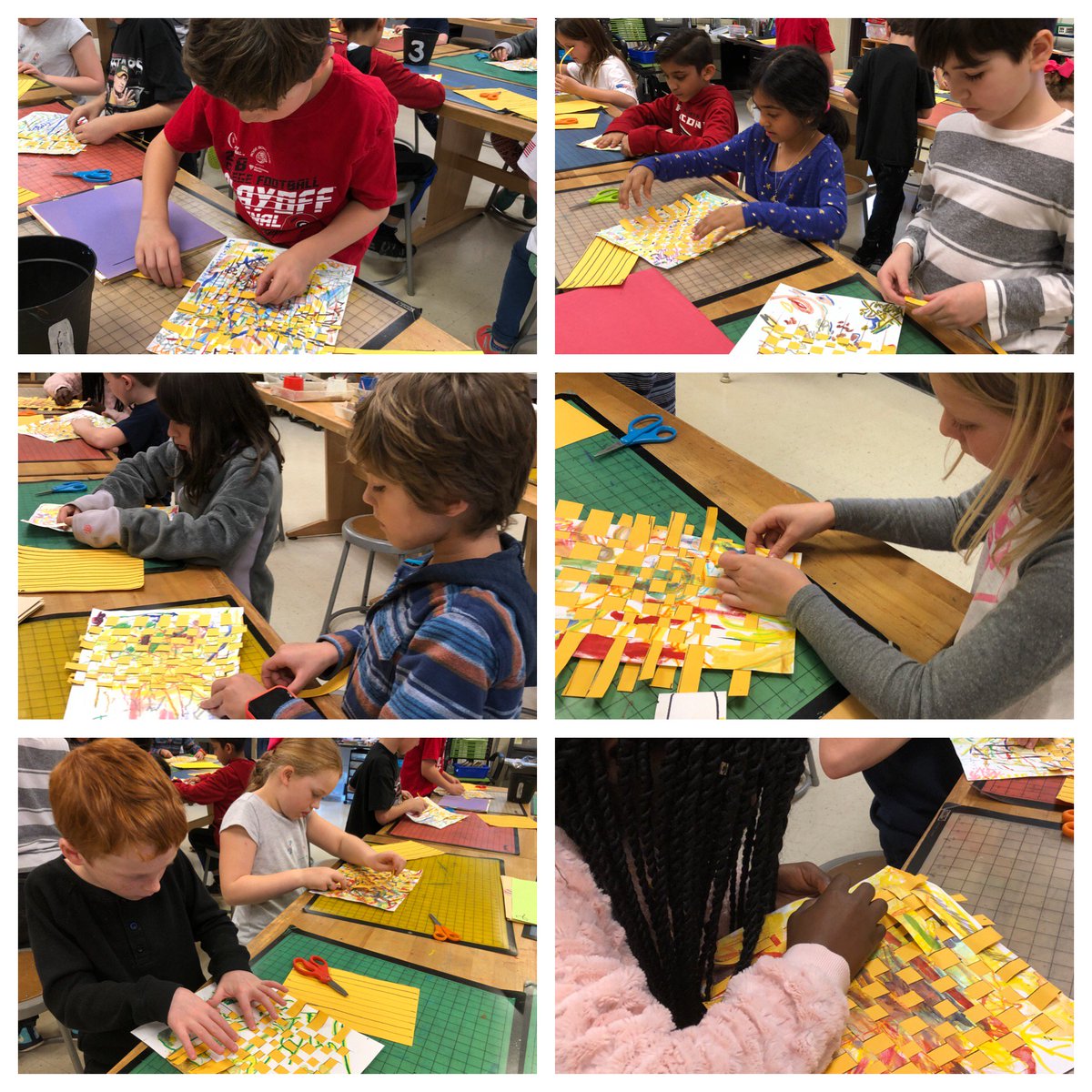 trittart's tweet photo. Art mash up , Eric Carle paper design and Jackson Pollock action painting combine with paper weaving. #cobbartrocks, #artsedga, #trittstem #trittart https://t.co/5u1CZy16lC
