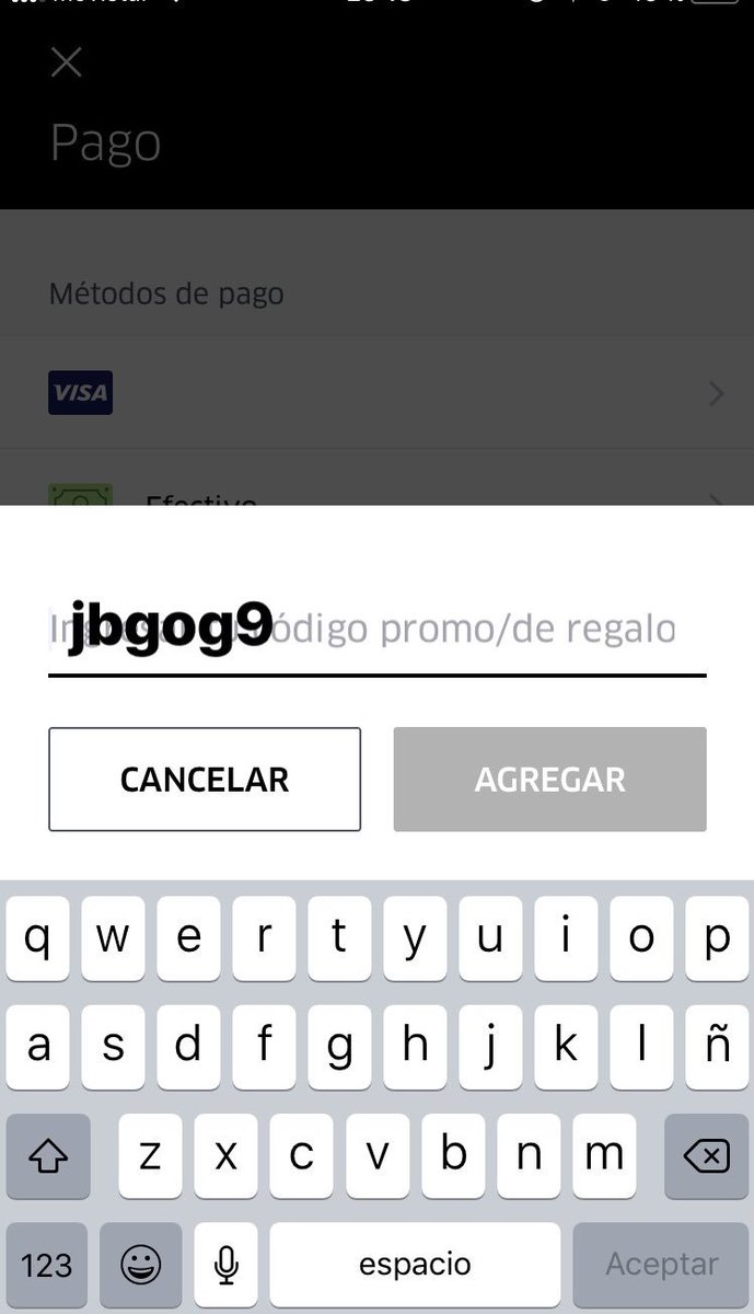 ZorrasYetas's tweet photo. Chicos!! Para su primer viaje en Uber les dejo mi codigo de descuento de $100! 
Para usarlo instalen la app, haganse una cuenta, vayan a “Pago” y pongan el codigo (jbgog9) como aparece en la foto 👌🏼 https://t.co/kNWVkGaLlj