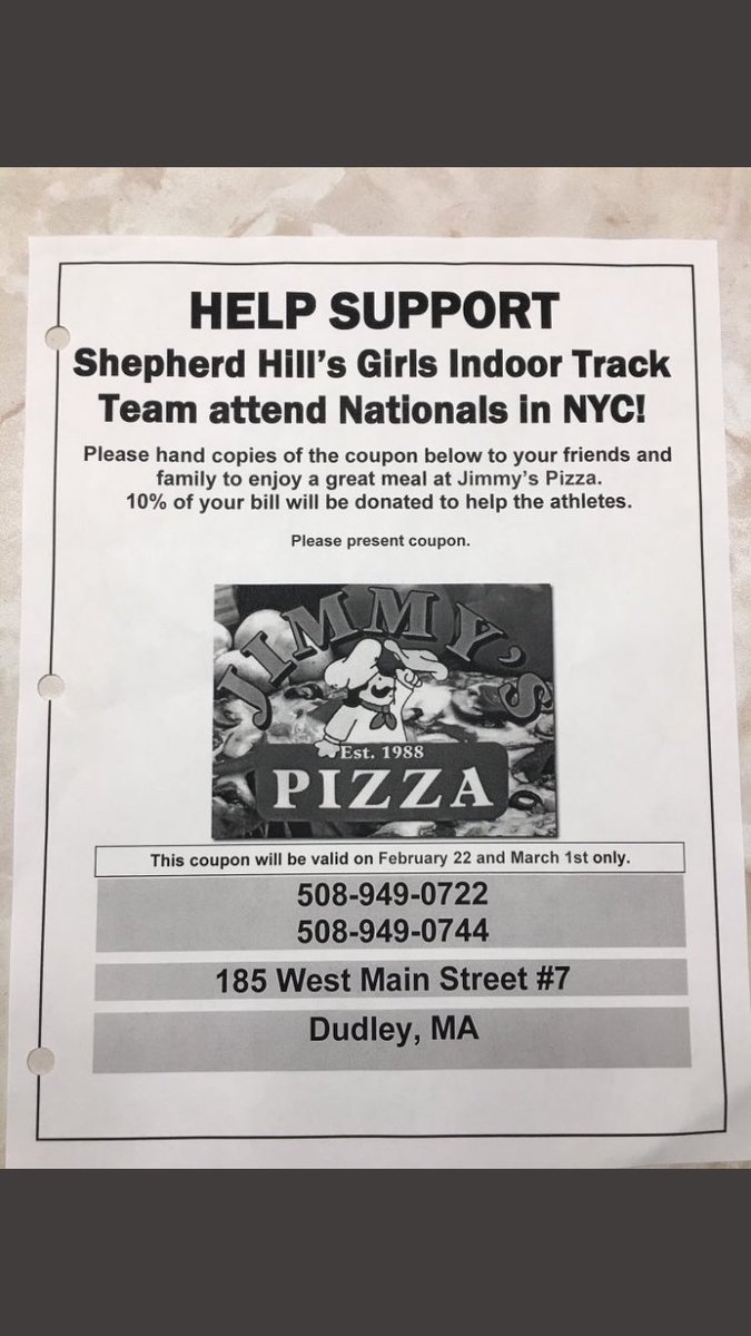 SH_Ramsquad's tweet image. 🆘ATTENTION SH🆘
With our boys🏀game on Thursday, you will certainly be hungry before or after the game. What better place to eat then Jimmys??AND TO ADD TO THAT, 10% of your bill will be used to help support our outstanding SH Girl Indoor Track Team as they travel to NATIONALS!!