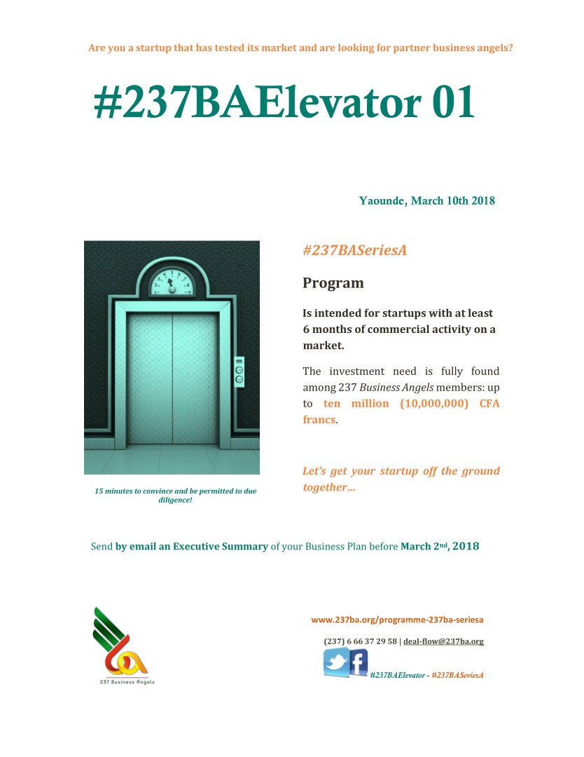 237BAngels's tweet photo. Only three days left...
#237BAElevator #angelinvesting #237BASeriesA #startup #Cameroun #Yaounde #angelinvestors #237BA https://t.co/JyzkfwIPi9