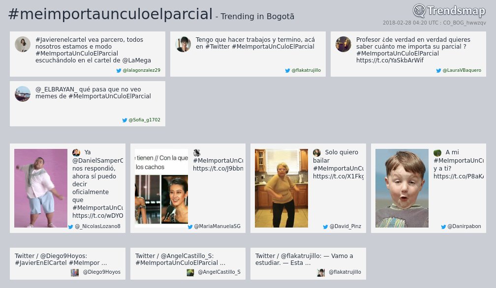 TrendsBogota's tweet photo. #meimportaunculoelparcial es ahora una tendencia en #Bogotã

https://t.co/5VD9vearPj https://t.co/X1tbyqR6yf