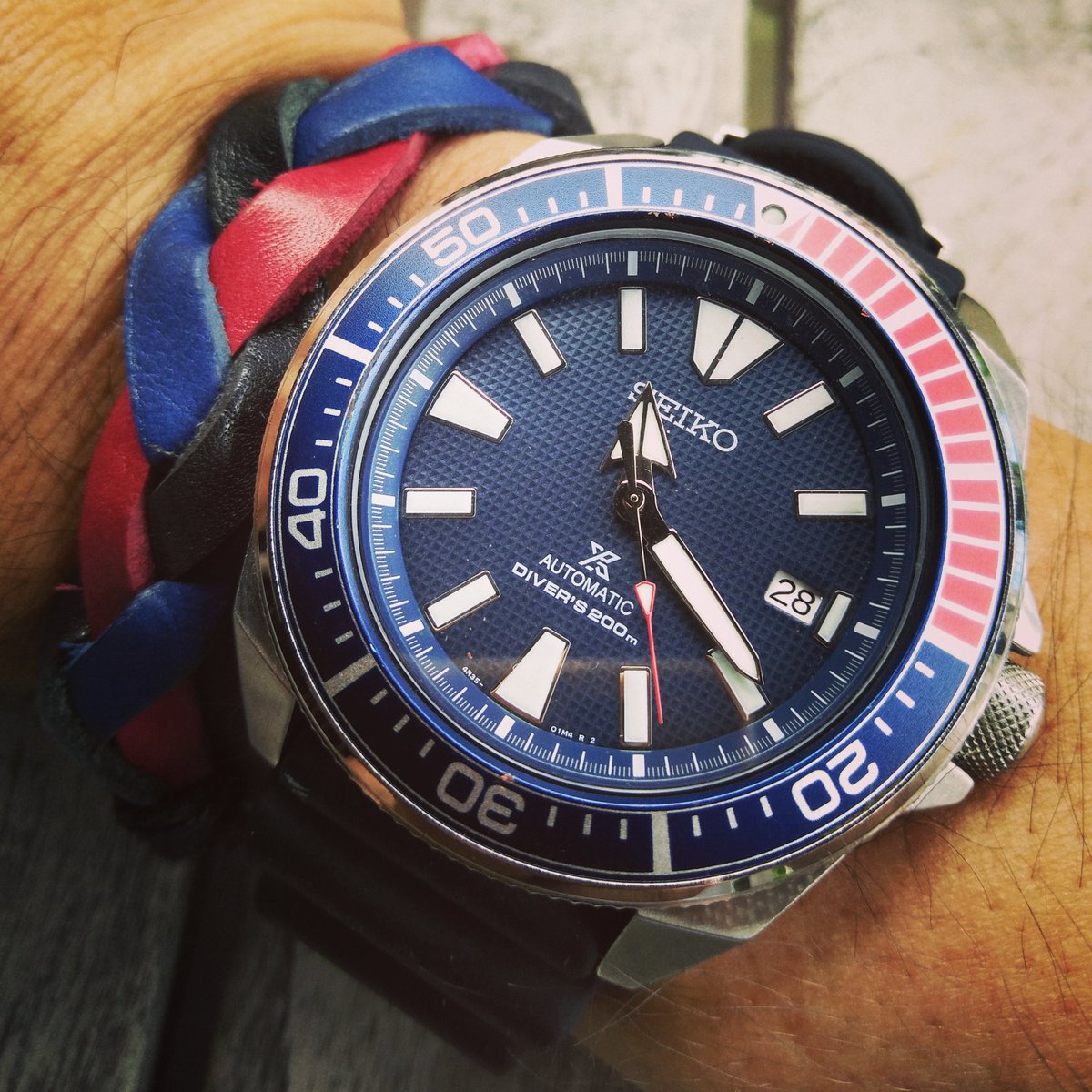 ardilada's tweet photo. @WreksoLeather braided bracelet blue red black &amp; seiko samurai pepsi https://t.co/OshadKXiCE