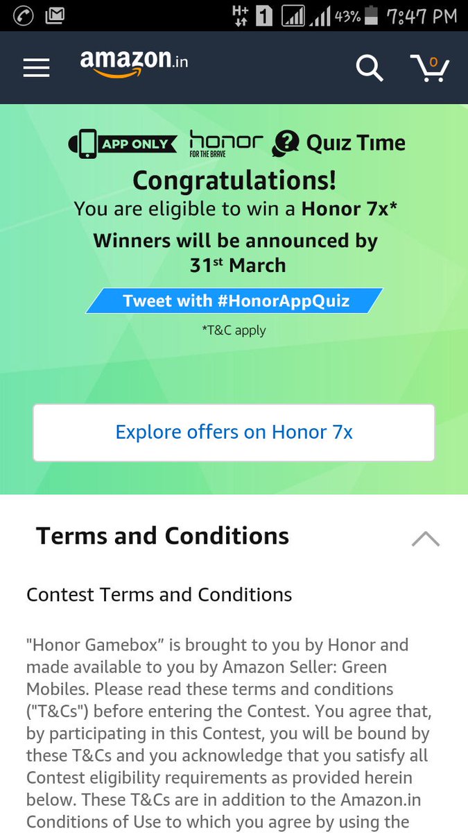 #Honorappquiz

I am eligible to win contest i hope i will win the quiz