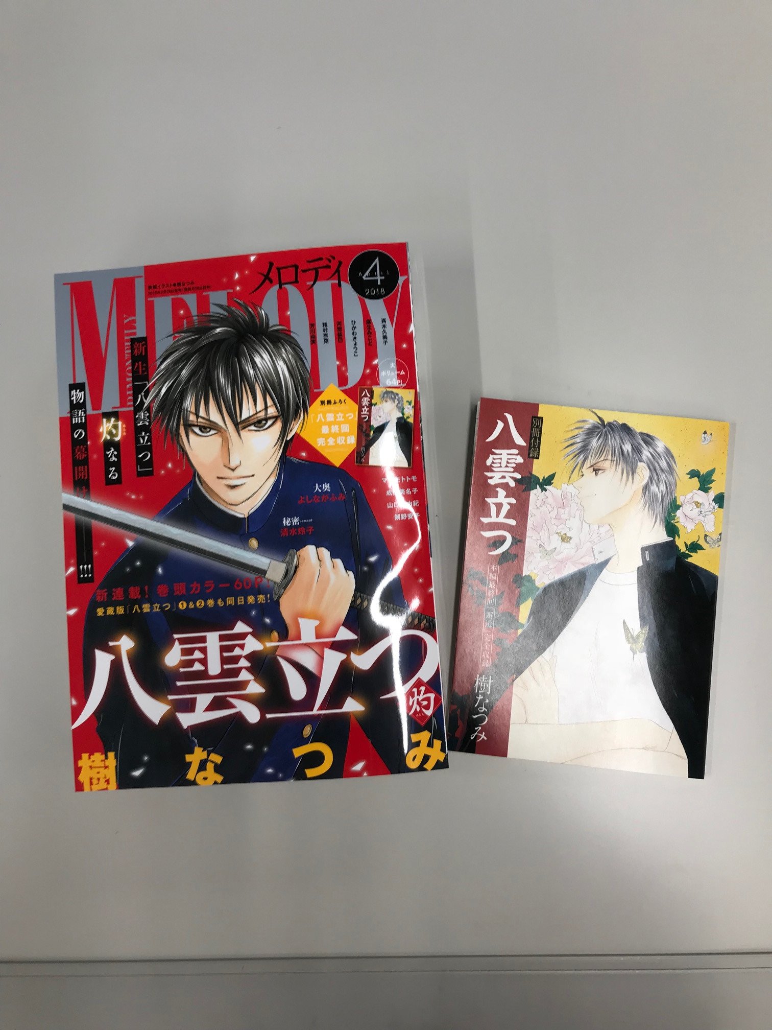 メロディ編集部 白泉社 本日発売 メロディ4月号 表紙 巻頭カラー 八雲立つ 灼 別冊ふろく 樹なつみ 八雲立つ 最終回 カラー付き 読切 マツモトトモ 九州男児のつくり方 リリカル読切 朔野安子 真夜中ポスト 今号もお楽しみ