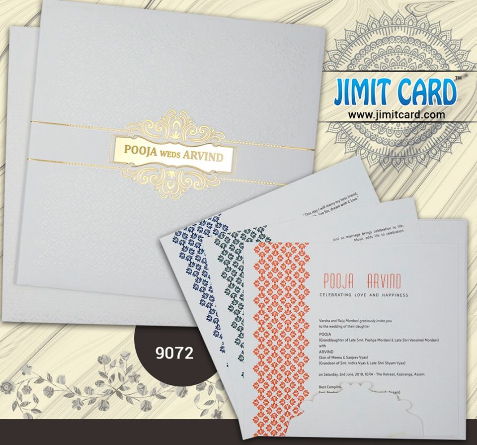 JimitCard's tweet photo. A Beautiful &amp; Elegant white #WeddingCard with self pattern design has the Gold Plated motif to write couples name.

Check out more on https://t.co/tW5wnu5FWU https://t.co/rZQ5pWh6qh