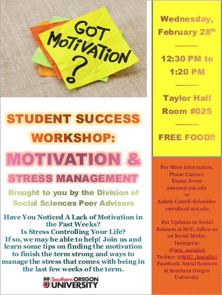SOU_SocialSci's tweet photo. Happening Tomorrow! Don't Miss Out! Learn How to Increase Motivation and Better Manage Stress! 
#freefood #stressmanagement #motivation https://t.co/92rg5GUFdh