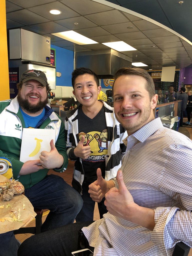 dustyvu's tweet photo. @doughboyspod @YusongL @nickwiger @BDayBoysMitch I’m listener Dustin from Dallas! Glad y’all finally got a chance to try some of the sweet treats (and didn’t die from expired banana cakes)! Cheers, boys! https://t.co/GqxAkf9woQ