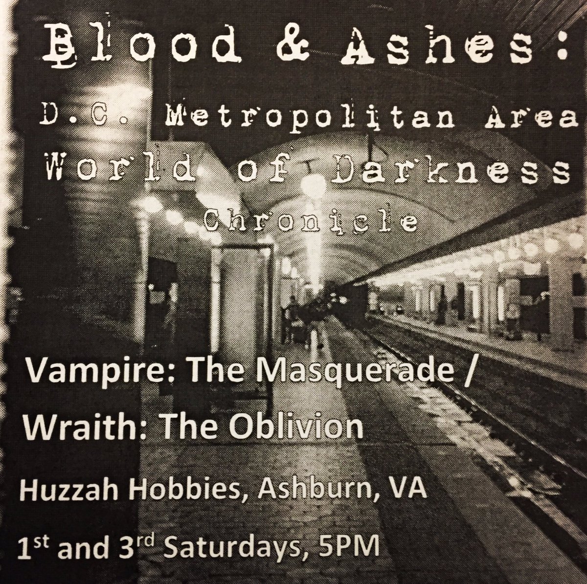 LARPChronicles's tweet photo. Blood&amp;Ashes will be playing on Saturday, 3/3 at Huzzah Hobbies in Ashburn, VA #vampire #wraith #wod #whitewolf #newplayerswelcome https://t.co/3vjiiSCODk