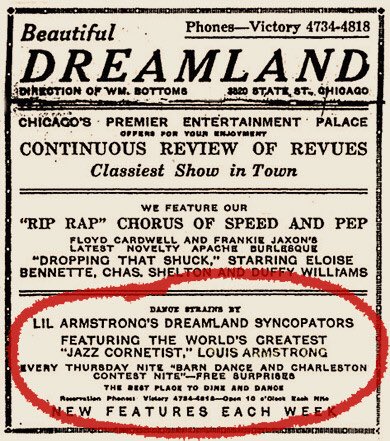 1925, Glad to be returning to Chicago, come visit Dreamland cafe to play with my wife and her band.