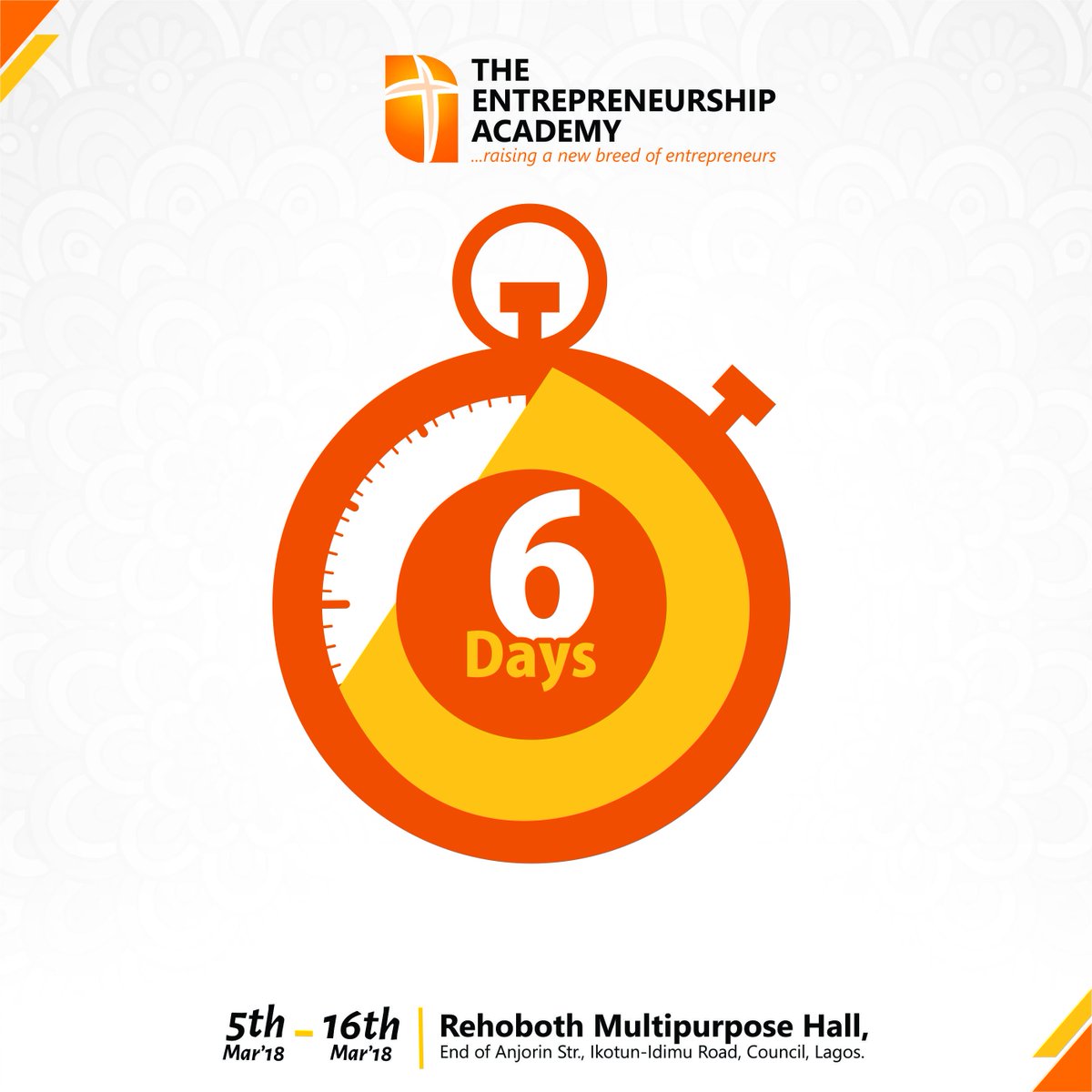 TEAcademyNG's tweet image. 6 DAYS TO GO! Registration is not over yet! You still can join the train of Super Entrepreneurs. visit teaonline.org.ng to register. Fee N12,500 
#teaonline2018 #stepoutstepup #superentrepreneur