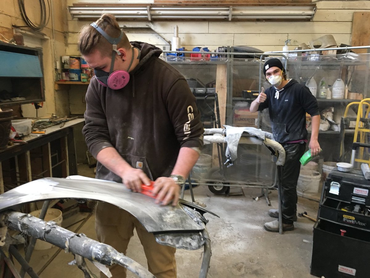 RGPopow's tweet photo. Great couple of days with #vccacrt2018 Comox class! Wow, Carter and Blaine are picking up the skills fast! This week: metal and filler shaping. @VccAutobody https://t.co/mRGKfjY1y1