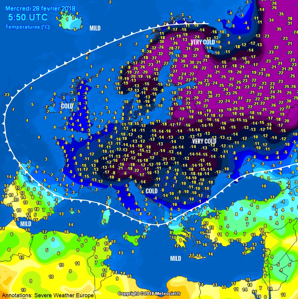 Most of Europe is under the cool polar airmass, with temps below zero, and a large part of the continent in double digits below zero. S Spain, Porugal and S Greece much warmer, with temps up to 15-17 °C this morning! Map: <a href="/meteociel/">Meteociel</a>