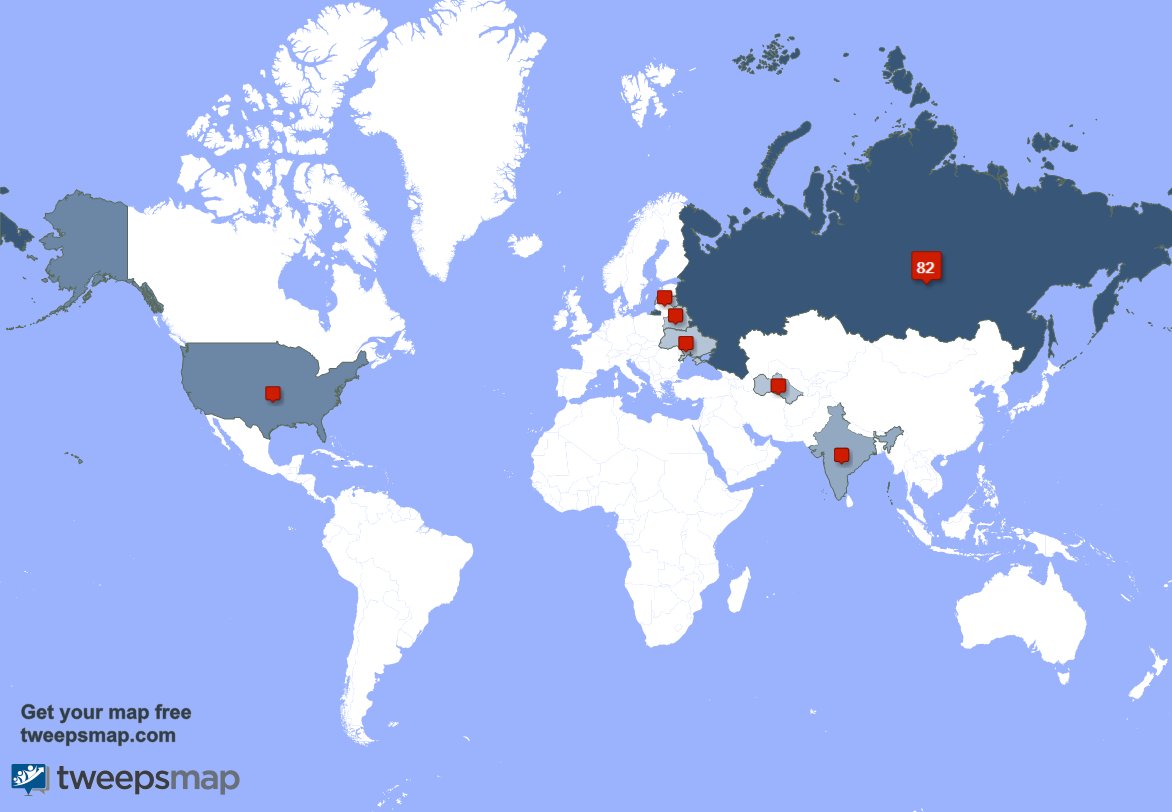 My followers are in Russia(77%), USA(10%)... Get your map too: tweepsmap.com/!UTimeNews