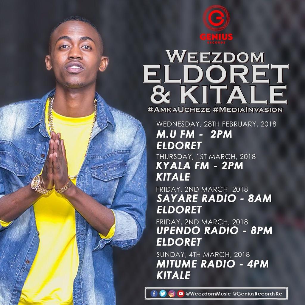 weezdommusic's tweet photo. This week we invade Eldoret and Kitale! We kick off with M.U FM (Eldoret) this afternoon from 2pm. #AmkaUcheze #MediaInvasion #GeniusMusic @geniusrecordske
🎨 Artwork By @itskilosh https://t.co/5aFbK1xhfW