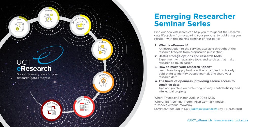 UCT_eResearch's tweet photo. Find out how eResearch can help you, as an emerging researcher, throughout the research data lifecycle – from preparing your proposal to publishing your results – with the Emerging Researcher Seminar Series: https://t.co/NRUOcPbE0o  #eResearch #ERP2018 https://t.co/PHnw7UCmbz