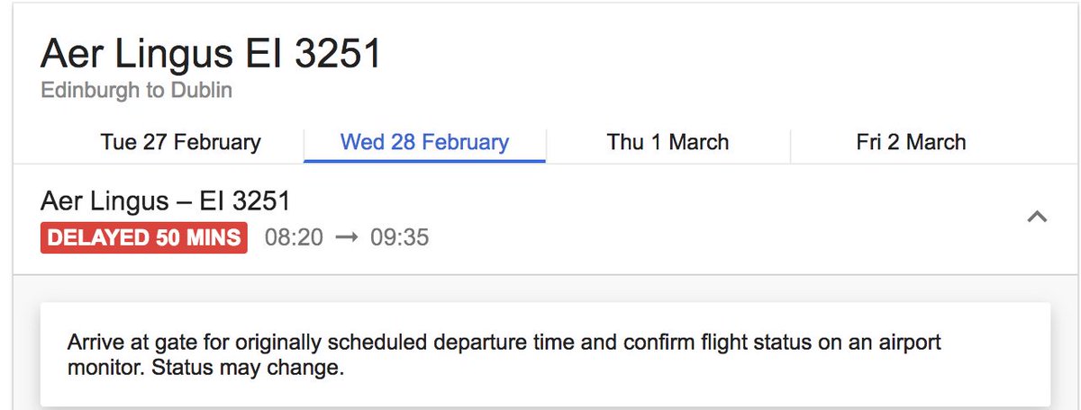 glenvillemorris's tweet photo. So #Google, the airport FIDS and apps like #TripCase are showing a delay of 50 mins to my flight this morning. Guess who/what isn’t, the @AerLingus app and their site. Bravo airline! https://t.co/aTrxXQQQ3B