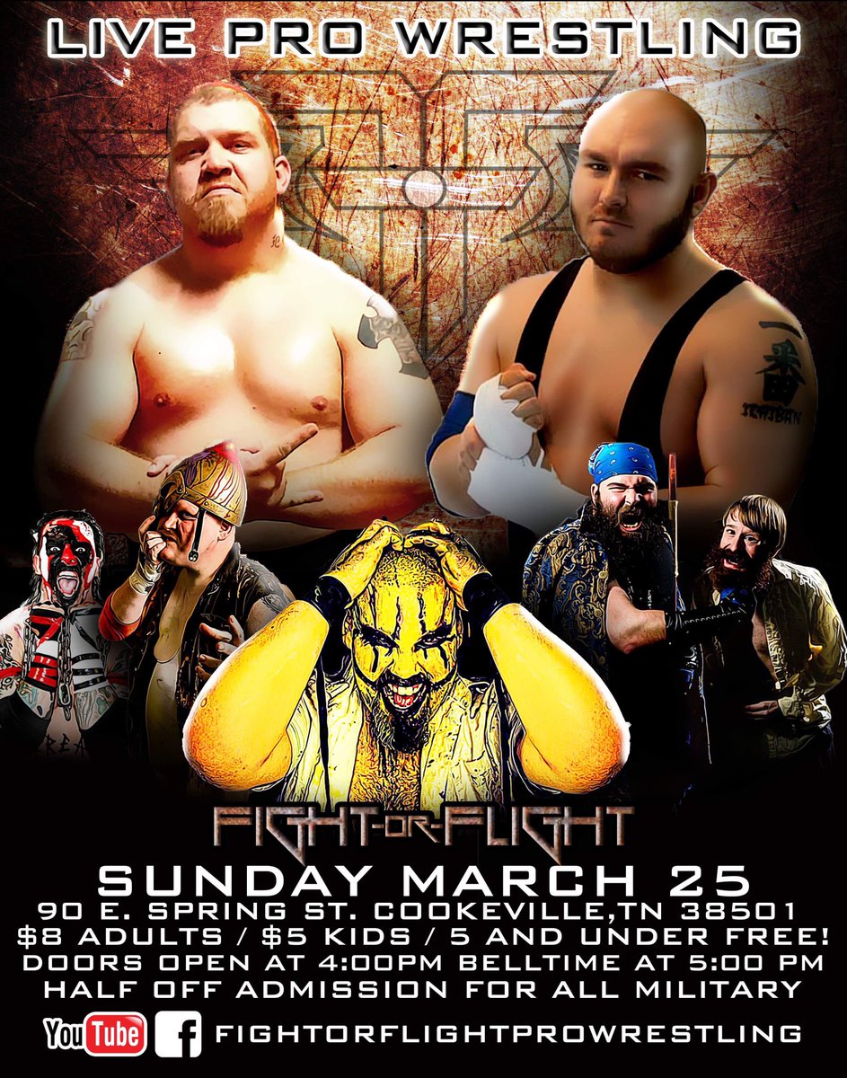 FFPWTN's tweet photo. Cookeville TN is about to get rocked again!! March 25th Fight or Flight Pro Wrestling Returns!! https://t.co/CuEPCujBK2