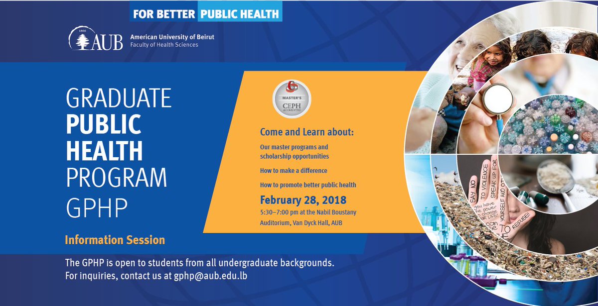 FHS_AUB's tweet photo. Interested in graduate studies in #publichealth?
Join us today for the information session on the Graduate Public Health Program (#GPHP) in #FHS. Explore the different components of the program and share us your questions about it! @AUB_Lebanon https://t.co/Bao1lovvcf