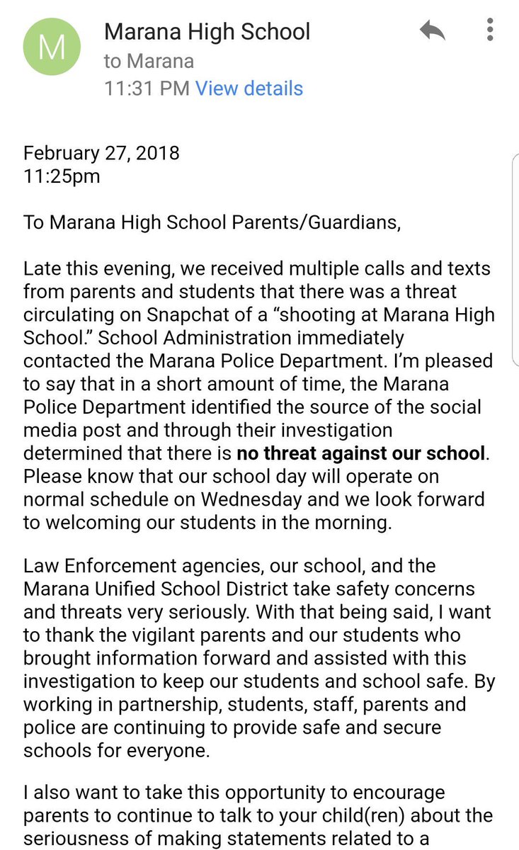 DanMarriesKOLD's tweet photo. #Marana High releases statement after rumors of a #SchoolShooting spread on social media. #MHS #MaranaHighSchool #Tucson https://t.co/W5HLsNpnb6