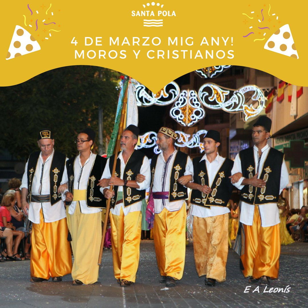 SantaPolaTurism's tweet photo. 🎉🎼🎺 Este domingo 4 de marzo Mig Any en #SantaPola ¡Falta medio año para las fiestas de Moros y Cristianos! 
🔸 12,30 h. Pasacalles Mig Any 
Inicio Calle Muelle, Plaza de la Glorieta, calle Elche y termina en el Palmeral. https://t.co/U38rvqadAy