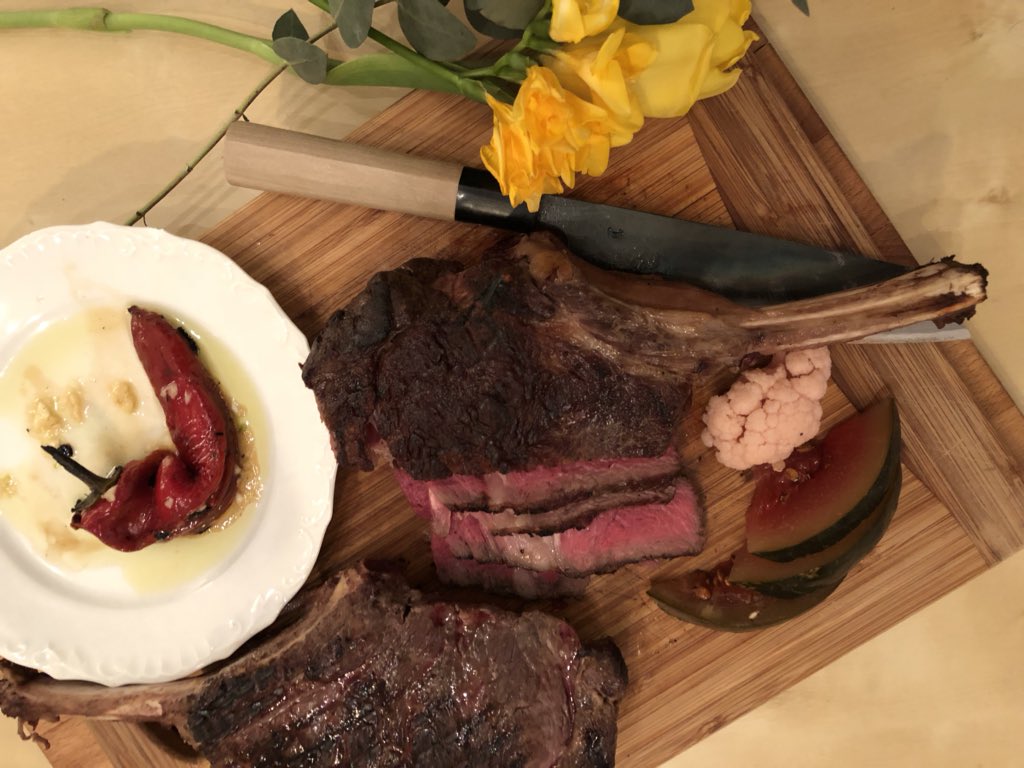 OCoanta's tweet photo. Another evening, another tomahawk #anova #sousvide #grilled #truffled #buttered #homemade #pickled #watermelon #meatlover #mediumrare  #cookingforfriends https://t.co/4GGwxW76Sb