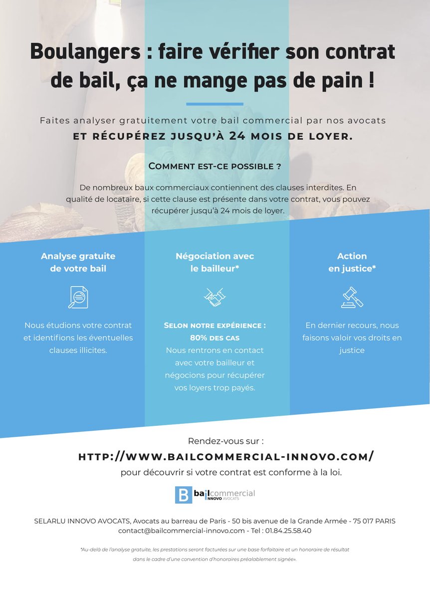 BC_Innovo's tweet photo. Cette semaine, 31 #boulangers nous ont transmis leur contrat de bail. De nombreuses clauses illicites et négociations déjà en cours pour obtenir la restitution des #loyers trop payés ! 
Boulangers, comme vos confrères faites analyser gratuitement votre bail commercial ! https://t.co/G6dUwbEMFZ