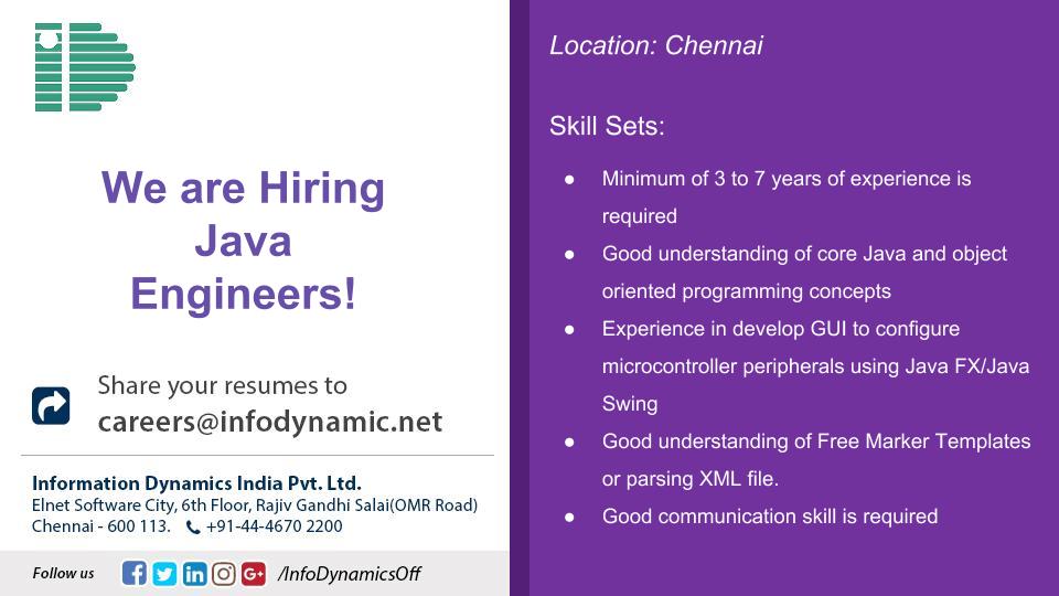 InfoDynamicsOff's tweet image. We are hiring #JavaEngineers! in #Chennai, Reach out to us on careers@infodynamic.net to explore this opportunity! @hrmagazine @HRZone @HRDAwardsIndia @hrindia @IndiaHR