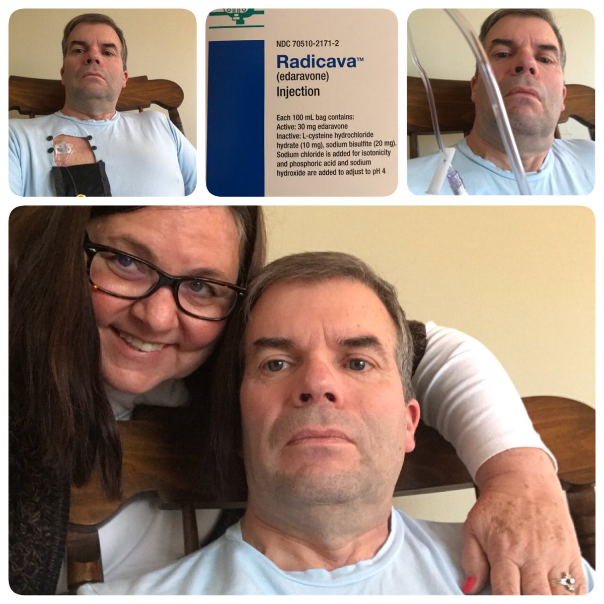 TFordATC's tweet photo. C6 D7 Radicava ✅ With my @ComfPort shirt I have easy access to my port for my home infusion. @KathleenOFord can then give me my liquid gold. It’s good to the last drop! https://t.co/yORQ1uffH8 https://t.co/Ym3PfbJJ7S