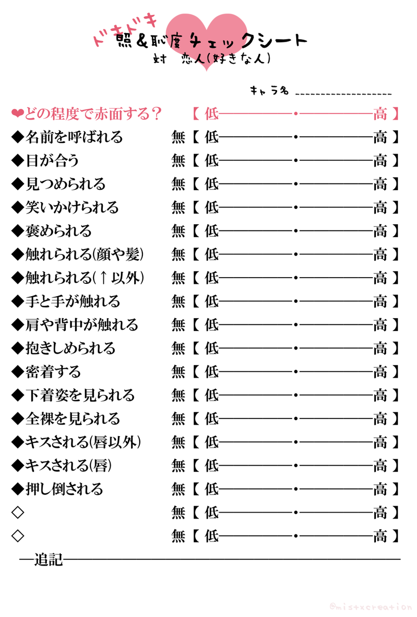 みすと 照 恥度チェックシート 作っちゃった 使いにくいかもしれないけど 使えそうならご自由にどうぞ 対恋人 好きな人 と指定なしバージョンあります