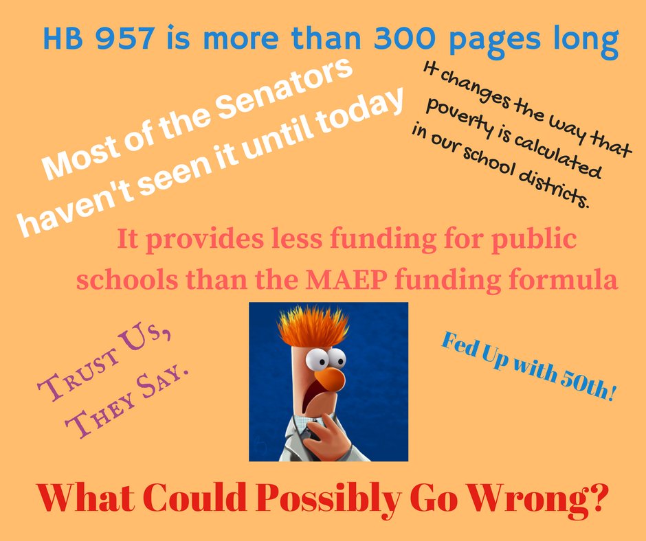 FedUpwith50th's tweet photo. They aren't sure what it will do to their school districts but we know that it provides fewer dollars than MAEP. Please call the Capitol switchboard at 601-359-3770 and ask your Senator to vote NO on HB 957. (2) https://t.co/bakmDqETh3