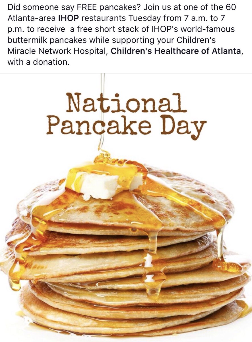 concierge_atl's tweet photo. In support of Children's Healthcare of Atlanta @childrensatl enjoy FREE pancakes at participating @ihop restaurants! #WEEKENDHAPPENINGS #INTHEKNOW #ASKCSOA #CSOASAYS #IHOP #CHOA #FREE #PANCAKES https://t.co/W1eLfRpymB