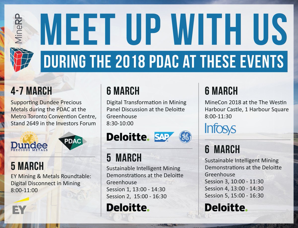 Want to talk digital transformation during PDAC? Here's where you can find us! <a href="/the_PDAC/">The Official PDAC</a> #DundeePreciousMetals @Deloitte_Mining <a href="/Infosys/">Infosys</a> <a href="/SAPMillMining/">SAP Mill & Mining</a> @GETRANSPORT #Letstalkdigital #mining