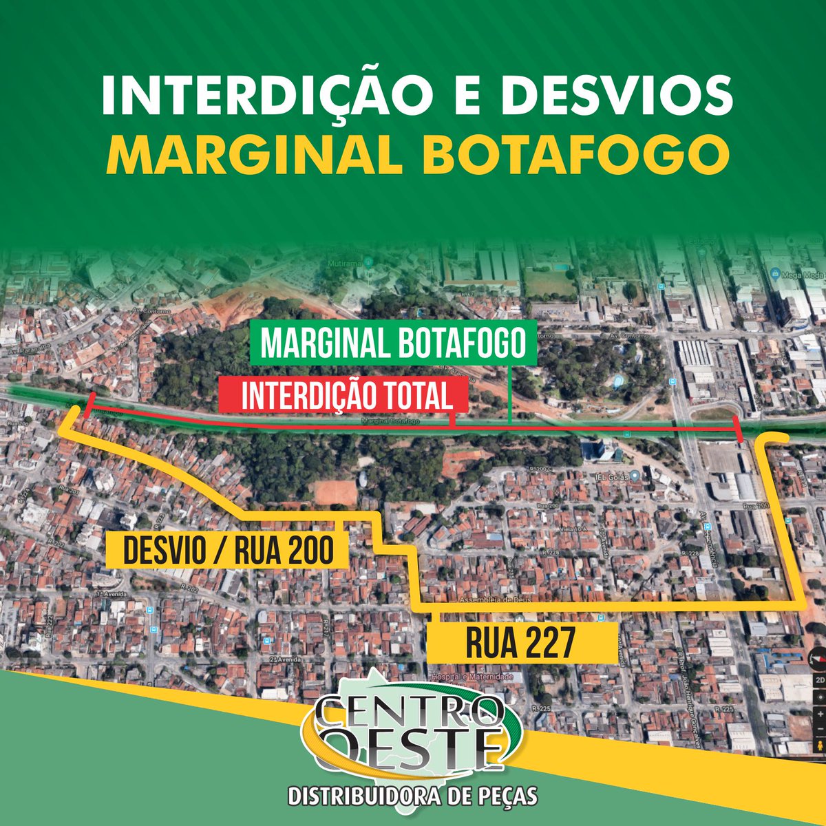 CentroOestedp's tweet photo. A Interdição total acontece entre as avenidas Anhanguera e  Independência para quem sai do Setor Pedro Ludovico para a Avenida Goiás  Norte (sentido Sul/Norte). O desvio fica pela Rua 200, depois 4ª  Avenida e Rua 227 
#MarginalBotafogo #interditado #goiânia #goiás #marginal https://t.co/SZFKWPeKXU