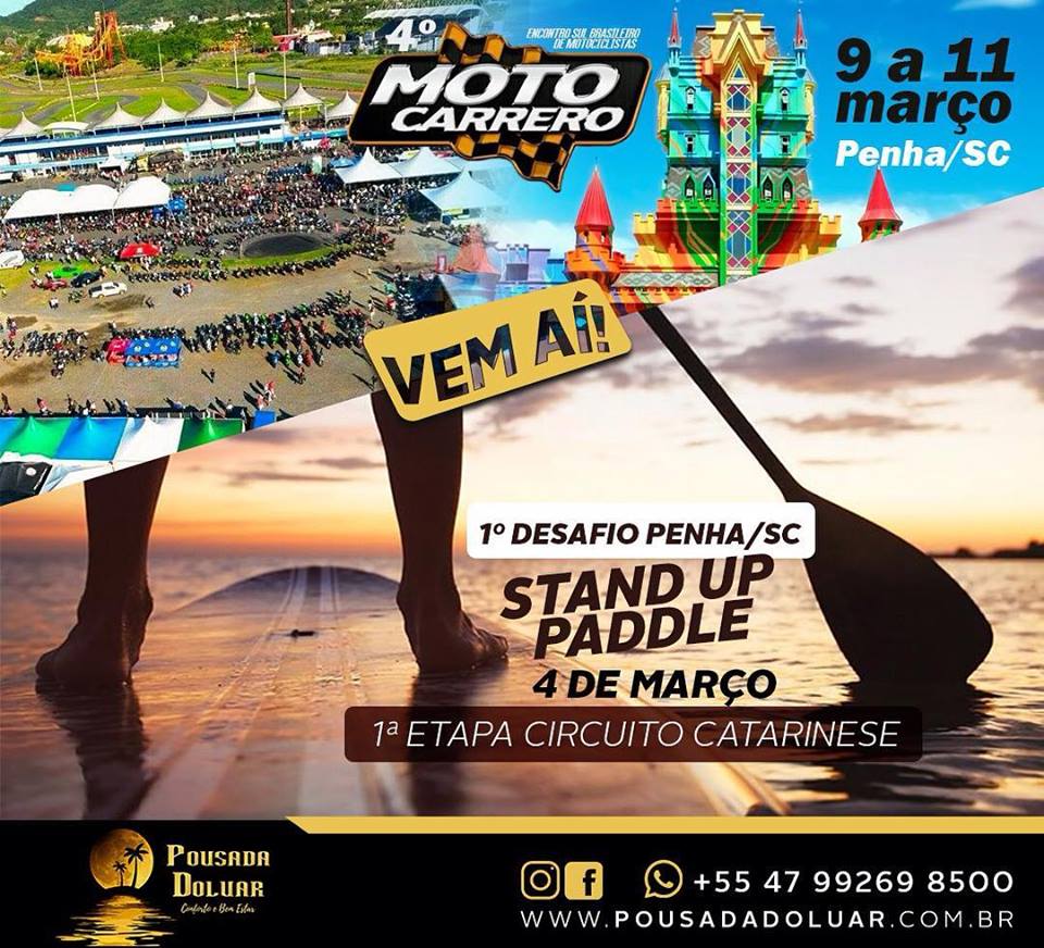 PDoluar's tweet photo. Vai participar do Stand Up Paddle ou do Moto Carrero? Nossa pousada é garantia de qualidade e segurança, prezando sempre seu conforto e bem estar! Faça sua reserva conosco ;) #motocarrero #standuppaddle #penhasc #betocarrero #bcw #osulemeudestino #santacatarina #pousadadoluar https://t.co/FizWXYEFEX