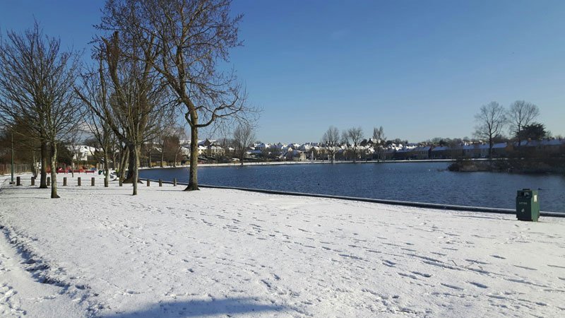 cork's tweet photo. If you're not from Cork you might understandably think this scene is photoshopped. S'not though - this is just Cork's Lough looking pure go deas in the #Sneachta today. https://t.co/sPKkOQZ1mZ