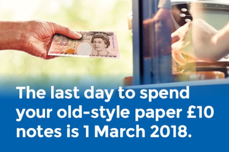 FlySWFalcon's tweet image. Got any paper £10 notes? Tomorrow is the last day to spend any old notes. After that date we'll only accept the #NewTenPoundNote