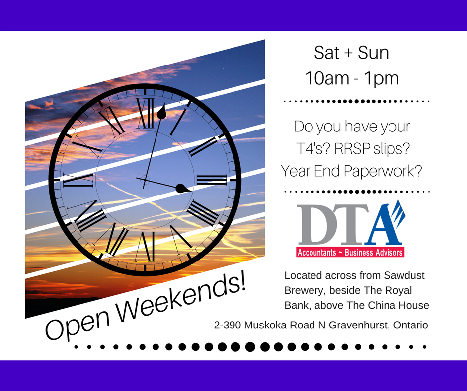 Starting THIS weekend, we are going to be open from 10am - 1pm Saturday and Sunday. Come see us! #Gravenhurst #Muskoka #IncomeTaxes