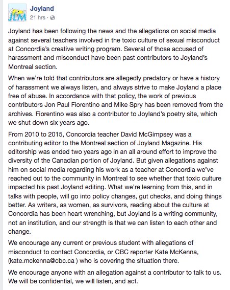 concordiacw's tweet photo. Big ups to @joylandfiction for removing Jon Paul Fiorentino and Mike Spry and David McGimpsey & standing with survivors #canlitaccountable https://t.co/c0Ak8hKcSE