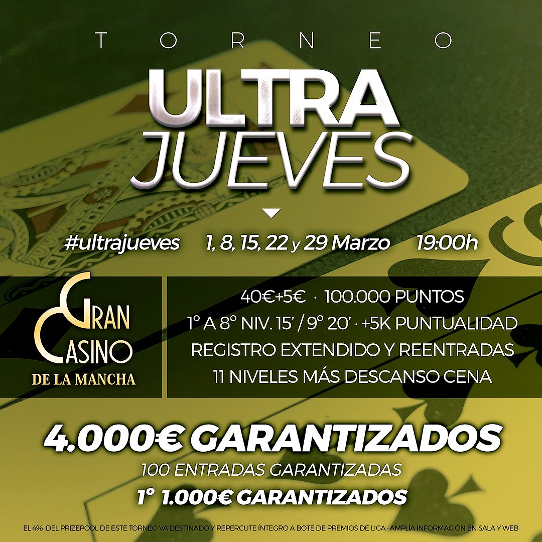 CasinoLaMancha's tweet photo. Nos hemos levantado pensando en poker 🔛 Calendario de marzo a estreno

👉🏻 #UltraJueves €4K GTD

👉🏻 #MegaMensual €10K GTD

👉🏻 #MegaParalelo sábado 3

https://t.co/kcqY4SwRID https://t.co/HmXyuAi28B