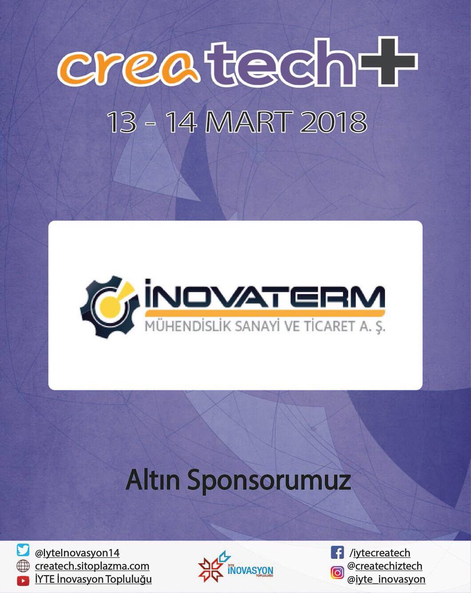 iyte_inovasyon's tweet photo. Topluluğumuzun kurucu başkanı Ömer Utku Öztürk’ün sahibi ve kurucusu olduğu İnovaterm CreaTECH+ etkinliğimizde bizlere altın sponsor olarak destek verecektir. #iyte #inovasyon #girisimcilik #createch2018 #inovaterm #BizHazirizYaSiz
https://t.co/bOdNVsV3Bq https://t.co/BWQIRy5jDk