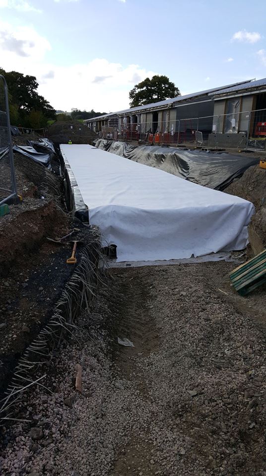 Here we have the largest tank of the 2 Attenuation Tanks we installed in Totnes school measuring 60m x 4.2m x 1.2m with effective storage of 287.28m3.
Took the team 3 days to complete.