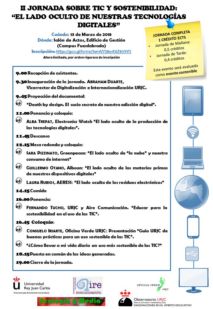 IA_URJC's tweet photo. II Jornada sobre TIC y Sostenibilidad: “El lado oculto de nuestras tecnologías digitales” en el Campus de Fuenlabrada:
•Fecha: 13 de Marzo de 2018
•Hora: 9:00h
•Lugar: Salón de Actos, Edificio de Gestión (Campus de Fuenlabrada). https://t.co/uZbQzsa35M