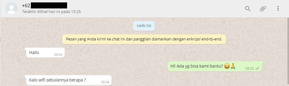 Biaya aktivasi sebesar Rp. 500.000,- (1x saja) serta biaya berlangganan /bulan:
- Paket Silver (Speed 20 Mbps): Rp. 470.000,-
- Paket Gold (Speed 50 Mbps): Rp. 950.000,-
- Paket Platinum (Speed 100 Mbps): Rp. 1.500.000,-
#wifieverywhere #gobringyourowndevice
WA 085252356151
