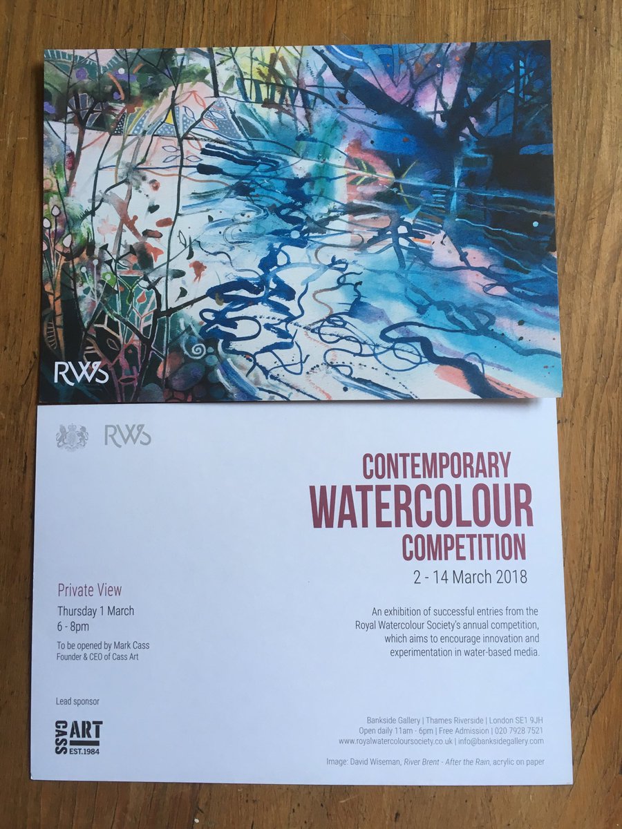JillLeman's tweet photo. #PV #RWS #CWC #tomorrow #DavidWiseman image on invitation #exhibition of around 150 works in #waterbasedmedia selected from 1700 entries. The best and brightest #Watercolour #Competition until 14 March #BanksideGallery #SE1 https://t.co/aGFdHzQOXU